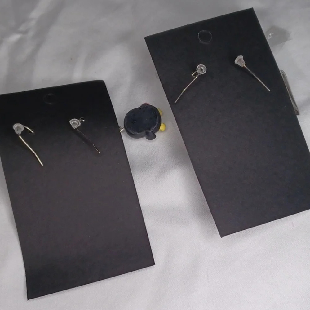 Handmade penguin and fish in a bag earrings - Picture 4 of 4